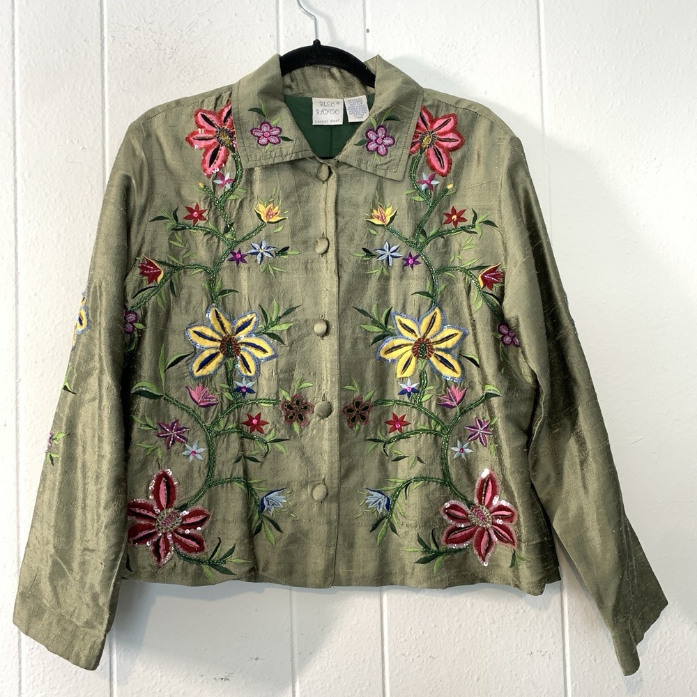 Bleu Bayou Womens Small Jacket Silk Embroidery Floral Sequins Beaded Green READ